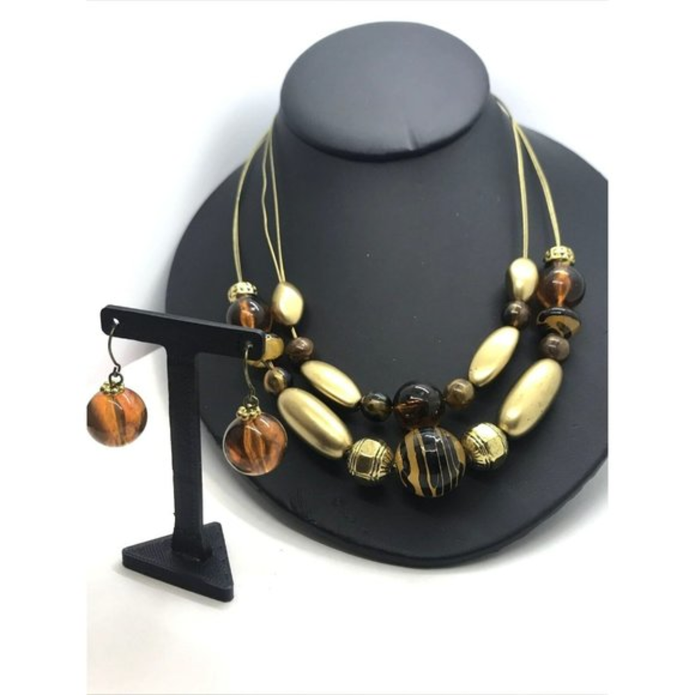 Amber color Beads Earrings Necklace set‎ gold tone 18"